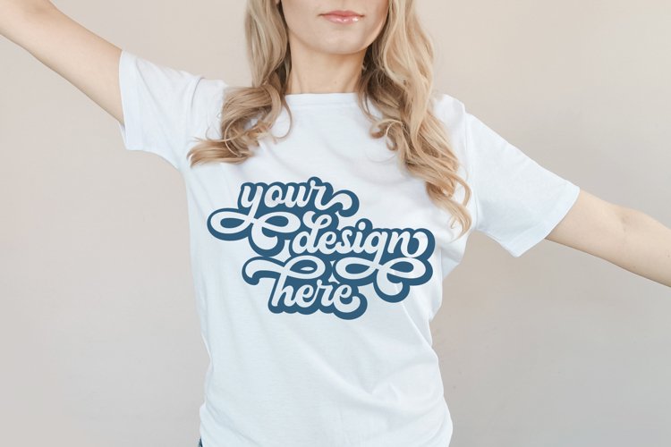 White t-shirt woman model mockup on neutral background