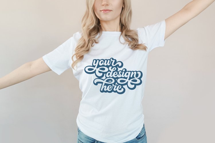 White t-shirt woman model mockup on neutral background example image 1