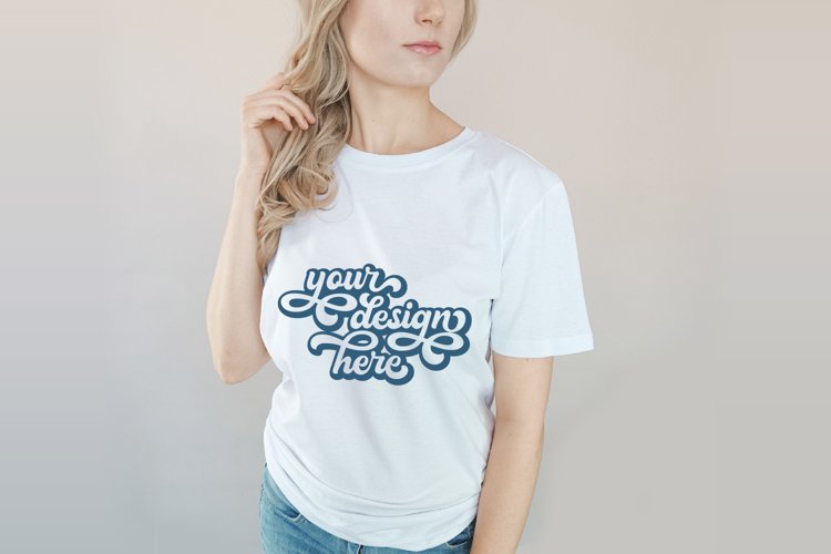 White t-shirt woman model mockup on neutral background
