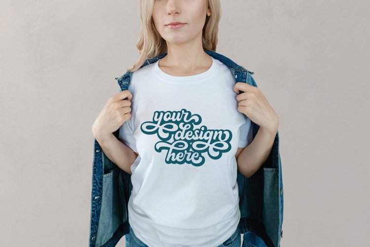 White t-shirt woman model mockup on neutral background