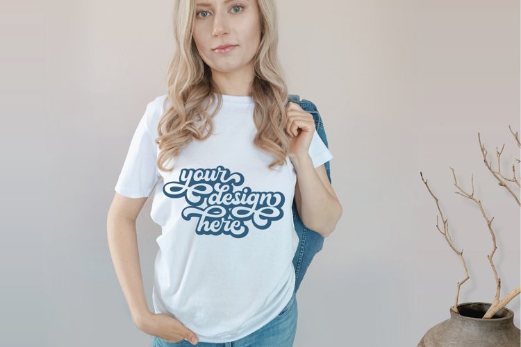 White t-shirt woman model mockup on neutral background example image 1