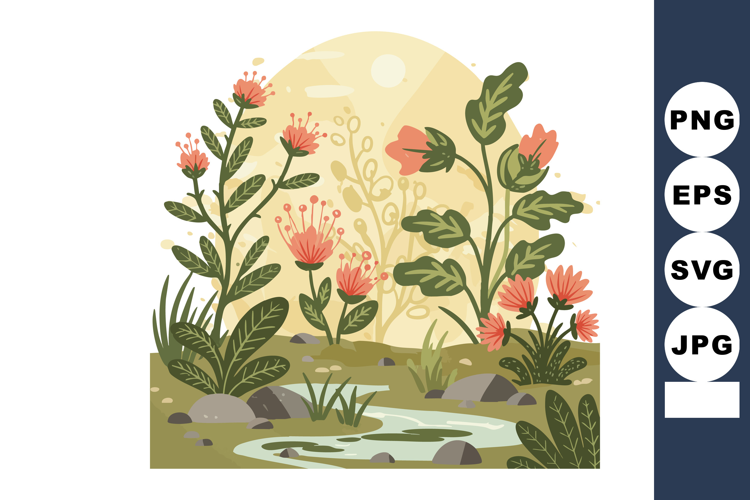 Wildflowers blooming by a small pond in natural landscape wi
