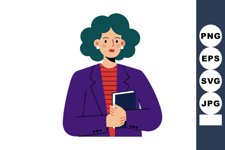 Woman holding book wearing purple blazer and striped shirt w