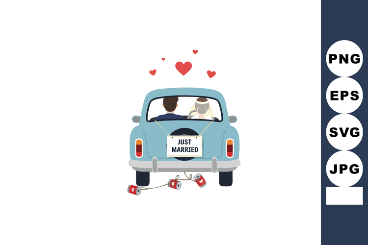 Newlywed couple driving away in blue vintage car with just m