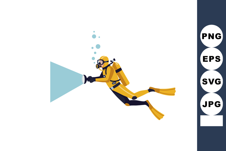 Scuba diver underwater with flashlight exploring deep sea in example image 1