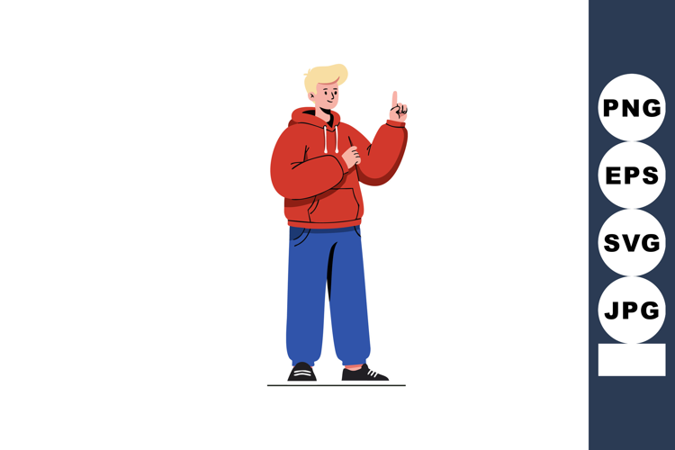 Young man in red hoodie pointing finger casual standing post