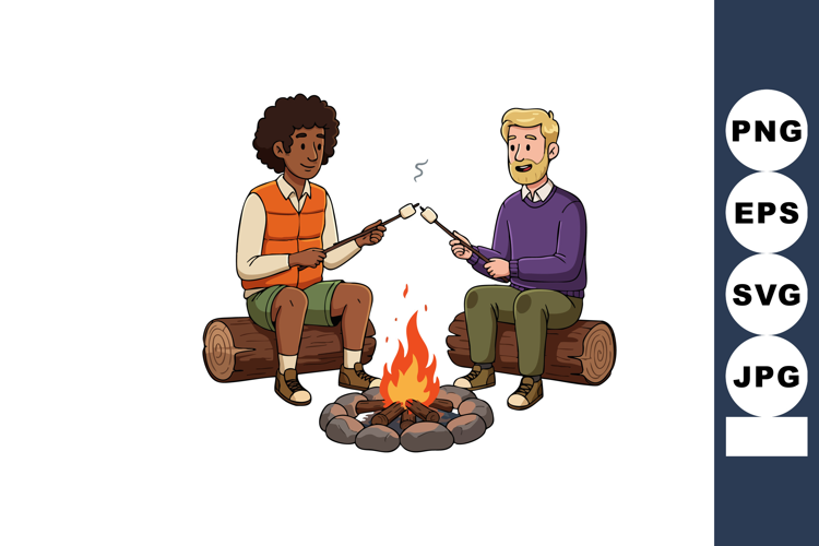 Two men roasting marshmallows over campfire sitting on woode