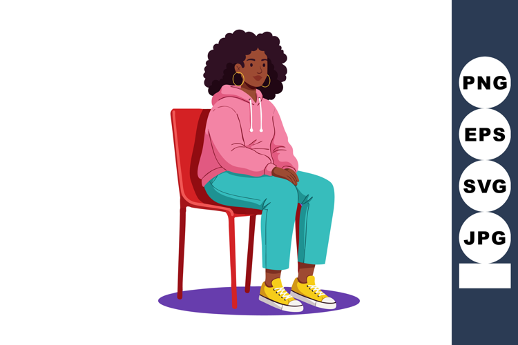 Young woman sitting on red chair wearing pink hoodie turquoi