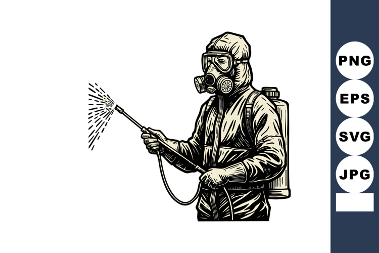 Person in protective suit spraying disinfectant with gas mas