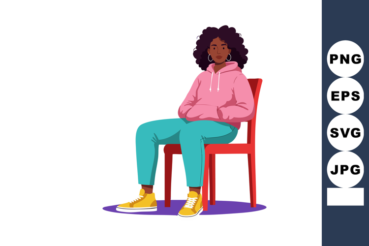 Young woman sitting on red chair in casual clothing with yel
