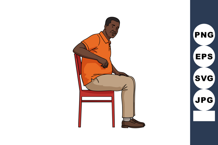 Man sitting on red chair wearing orange shirt and beige pant