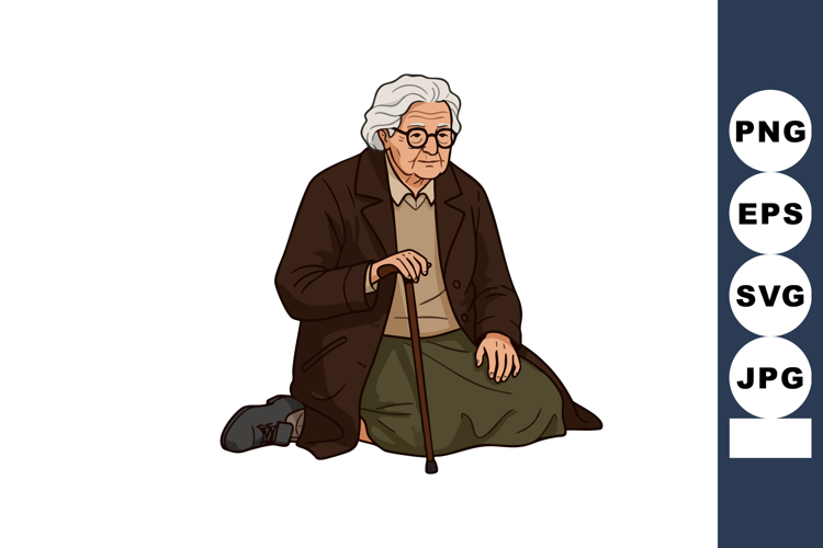 Elderly woman sitting on knees with walking cane wearing gla