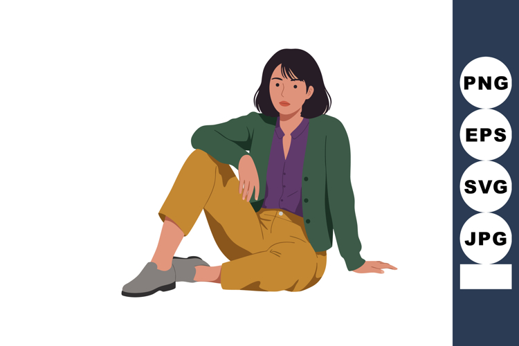 Woman sitting casually wearing green jacket purple shirt and
