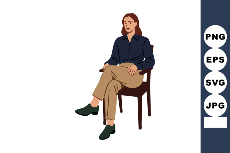 Woman sitting on chair with crossed legs wearing dark blue s