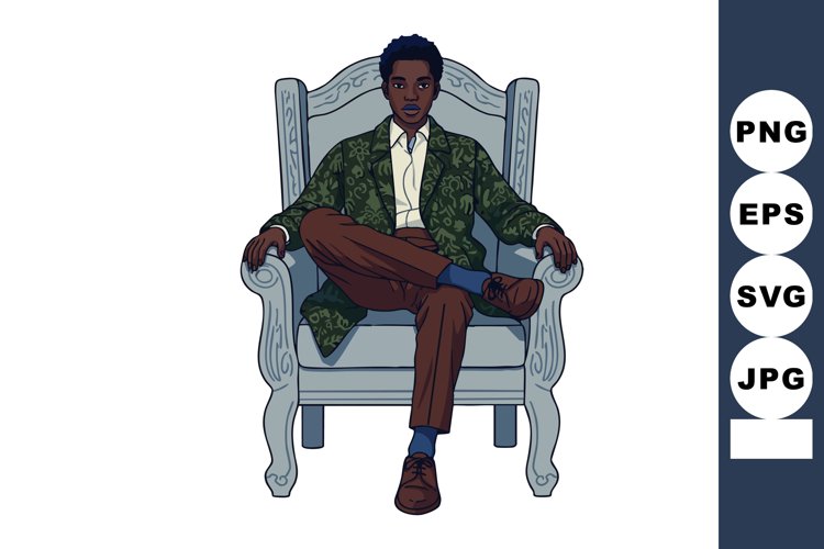 Confident young man sitting on ornate chair wearing green pa