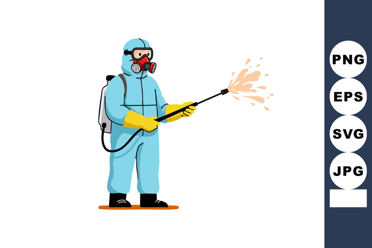 Person wearing protective suit spraying disinfectant with sa