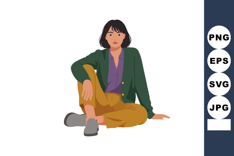 Young woman sitting casually with green jacket and mustard p