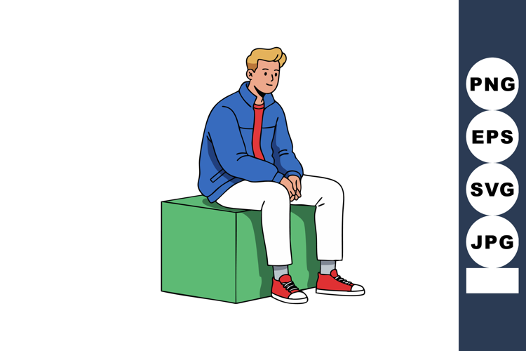 Young man sitting on green cube wearing blue jacket white pa
