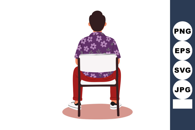 Man sitting backward on chair wearing purple floral shirt an example image 1