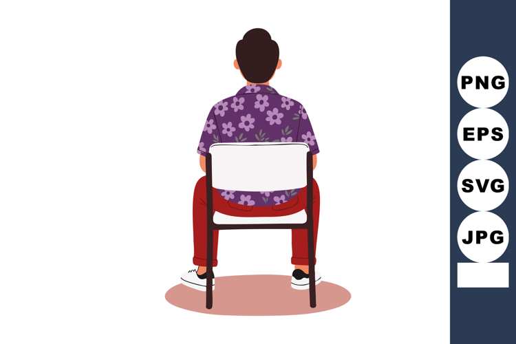 Man sitting backward on chair wearing purple floral shirt an
