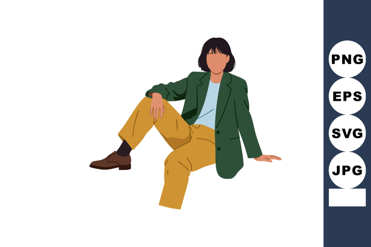 Woman Sitting Relaxed in Casual Outfit with Green Blazer and