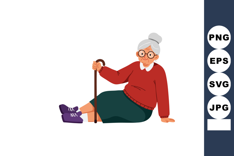 Elderly woman sitting on floor with walking cane wearing gla