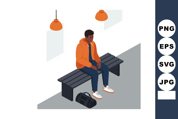 Young man sitting on bench wearing orange hoodie and white s