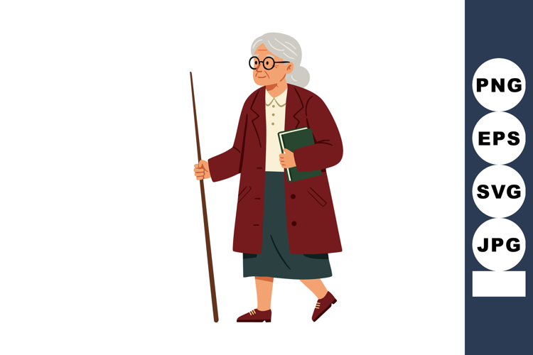 Elderly woman walking with wooden cane holding book in maroo