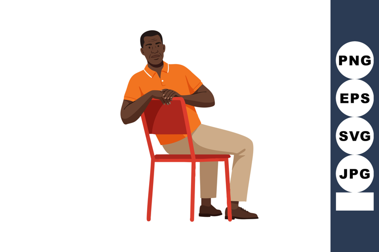 Man sitting on red chair wearing orange shirt and beige pant