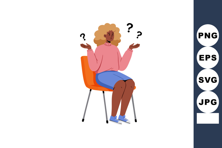 Confused woman sitting on orange chair shrugging shoulders w