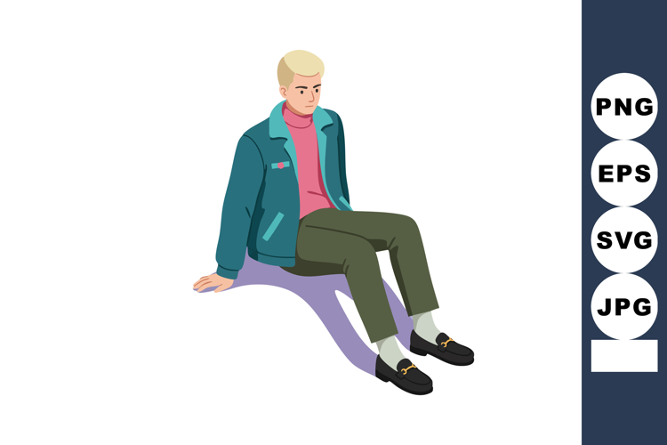 Young man sitting relaxed wearing teal jacket and pink turtl