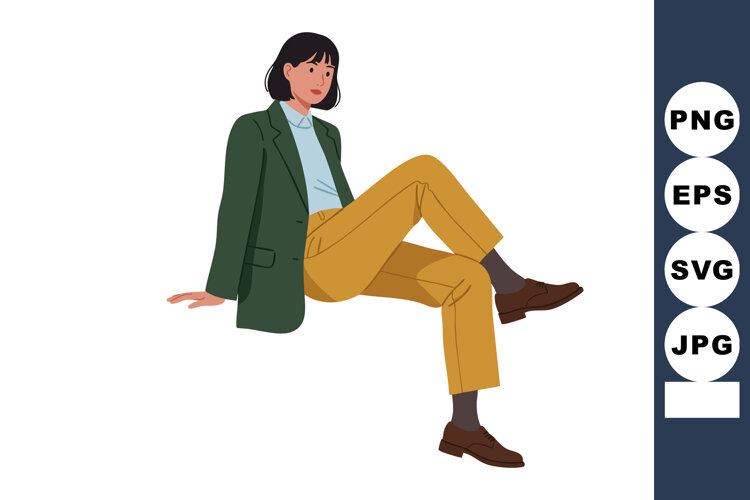 Woman sitting relaxed stylish outfit green jacket mustard pa example image 1