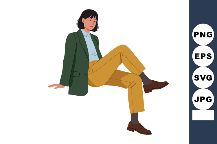Woman sitting relaxed stylish outfit green jacket mustard pa