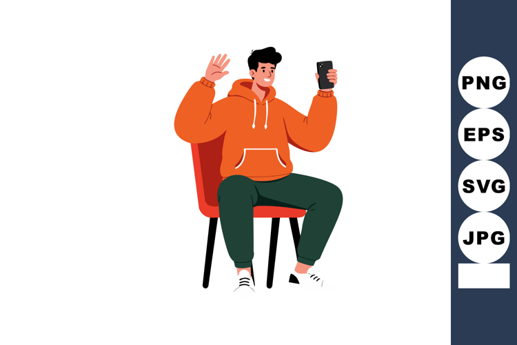 Young man wearing orange hoodie waving hand sitting on chair