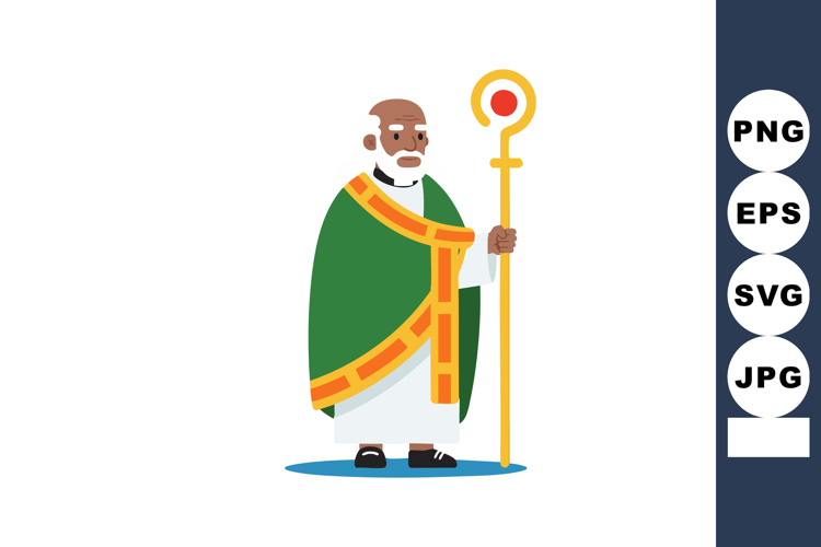 Elderly bishop with green and orange cloak holding golden st