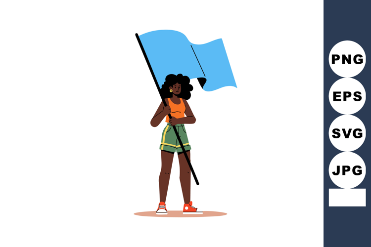 Young woman holding blue flag standing confidently wearing c