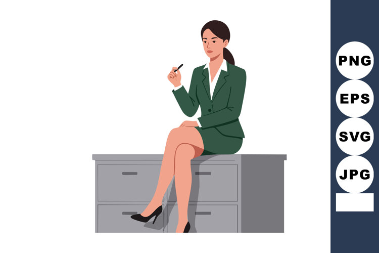 Businesswoman sitting on desk holding pen in professional gr example image 1