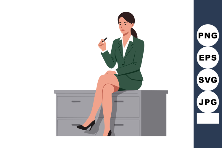 Businesswoman sitting on desk holding pen in professional gr