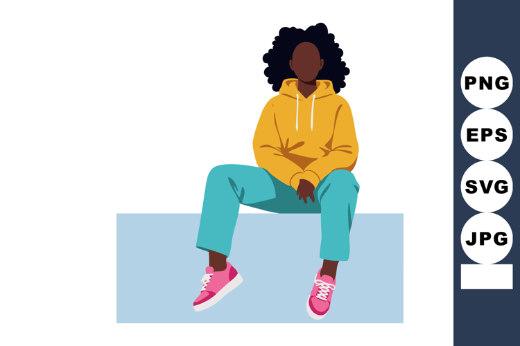 Young woman sitting relaxed wearing yellow hoodie teal pants