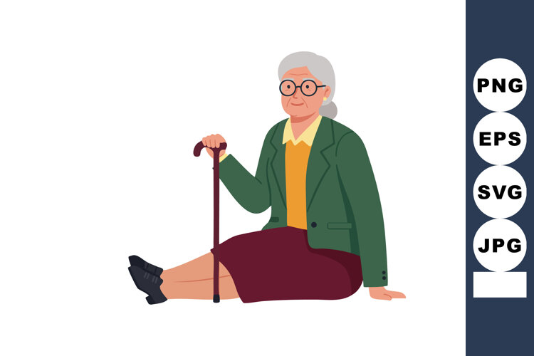 Elderly woman sitting on floor with walking cane wearing gla example image 1