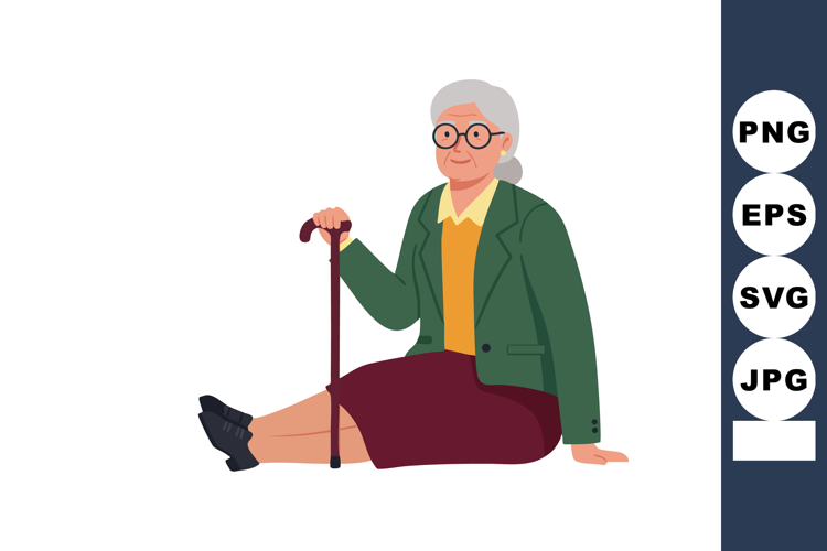 Elderly woman sitting on floor with walking cane wearing gla