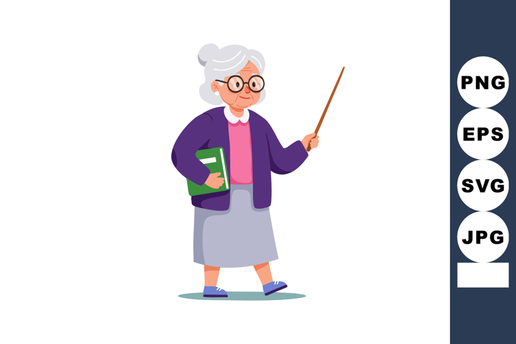 Elderly woman teacher holding book and pointer stick in casu