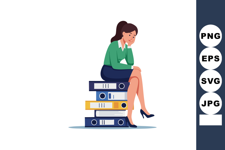 Businesswoman sitting on stack of binders appearing stressed