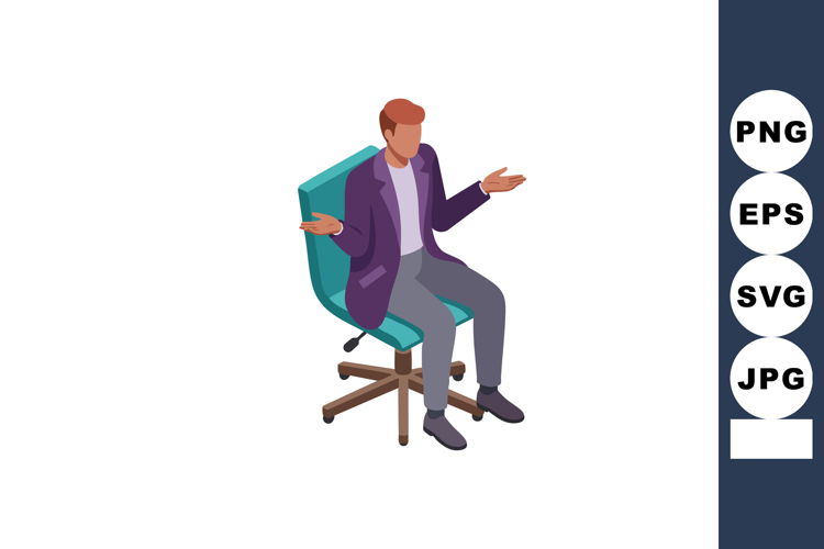 Young man sitting on office chair explaining with open hands