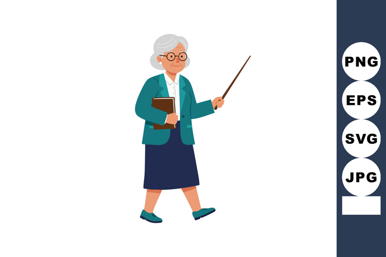 Elderly woman teacher walking with pointer stick and book in