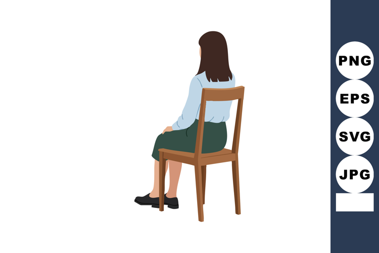 Woman sitting on wooden chair wearing blue blouse and green