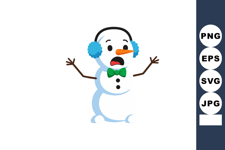 Snowman with blue earmuffs green bow tie surprised expressio
