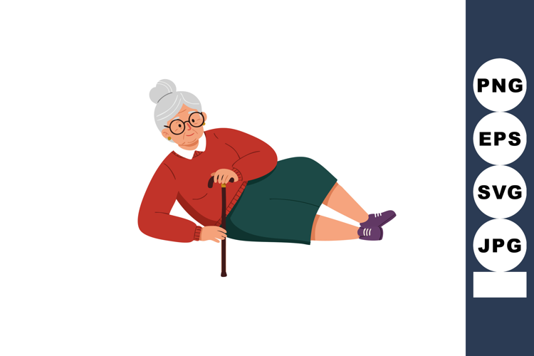 Elderly woman lying down holding walking cane in casual clot