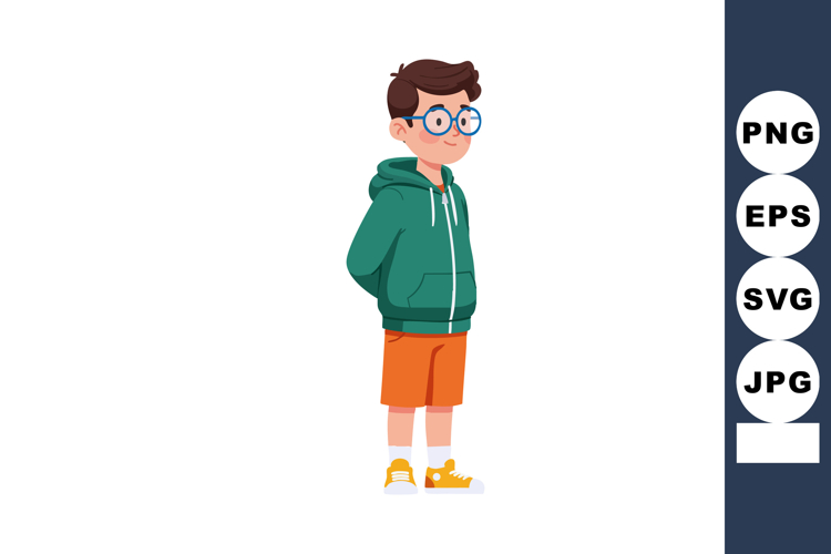 Boy standing with hands behind back wearing green hoodie ora