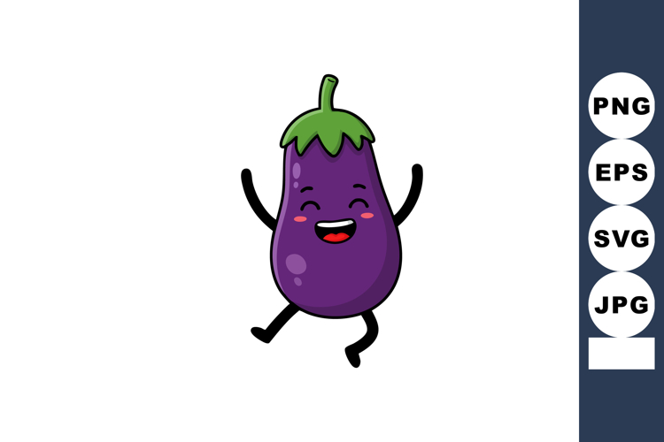 Happy smiling eggplant cartoon character with green leaves j